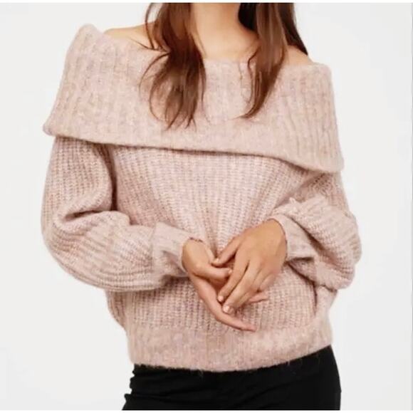 H&M Pink Chunky Wool Blend Off Shoulder Carmen Pullover Sweater Size M - Picture 1 of 7